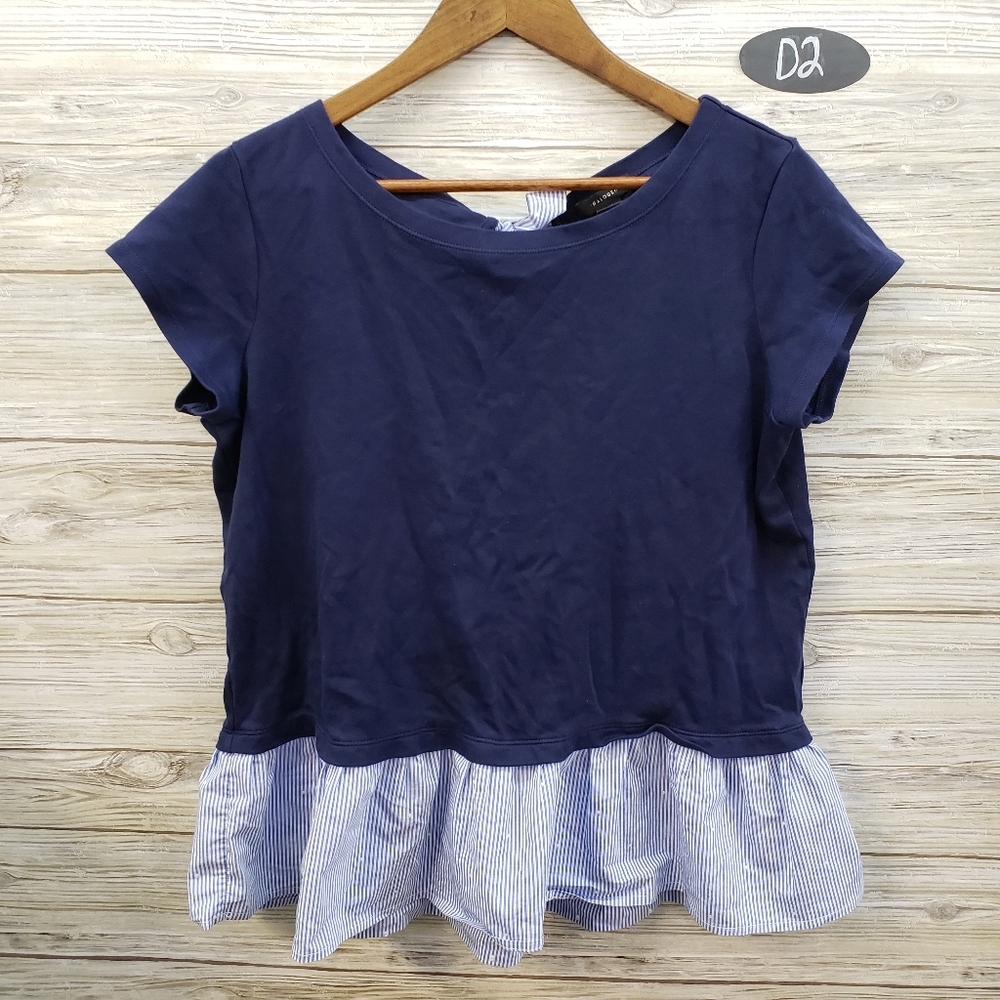 Halogen Navy Short Sleeve Blouse Dotted Hemline